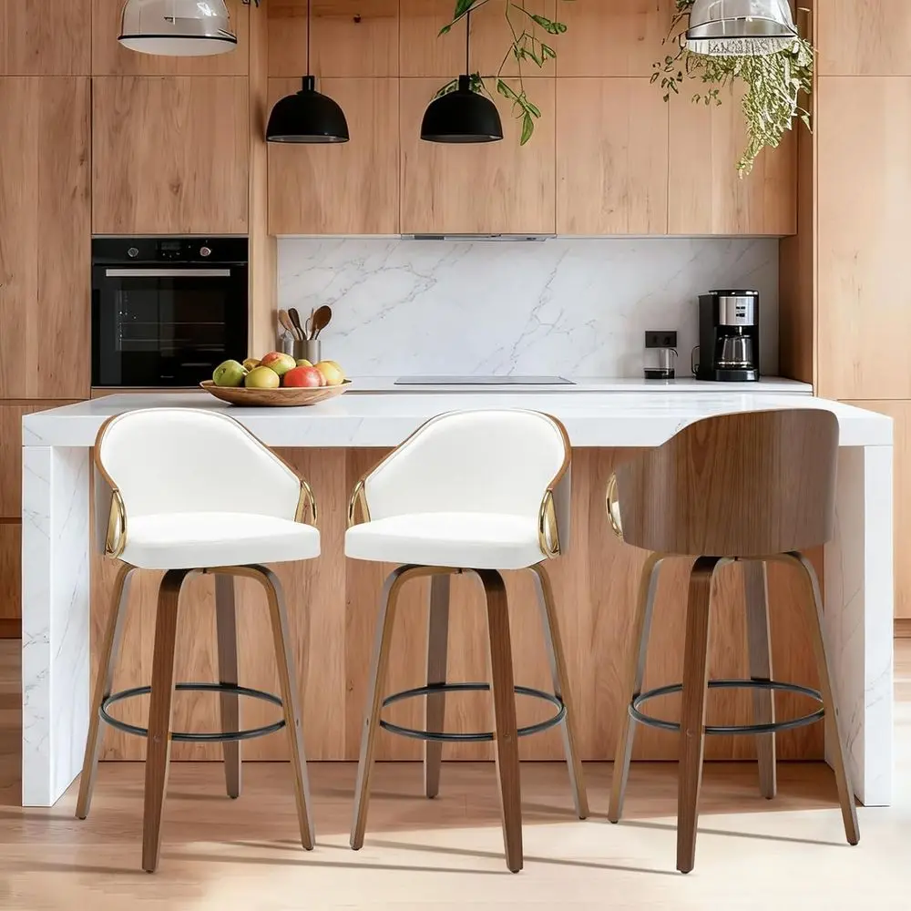 Набор из 3 белых кожаных вращающихся барных стульев с деревянными ножками для кухни, столовой или паба
Набор из 3 белых кожаных вращающихся барных стульев с деревянными ножками для кухни, столовой или паба