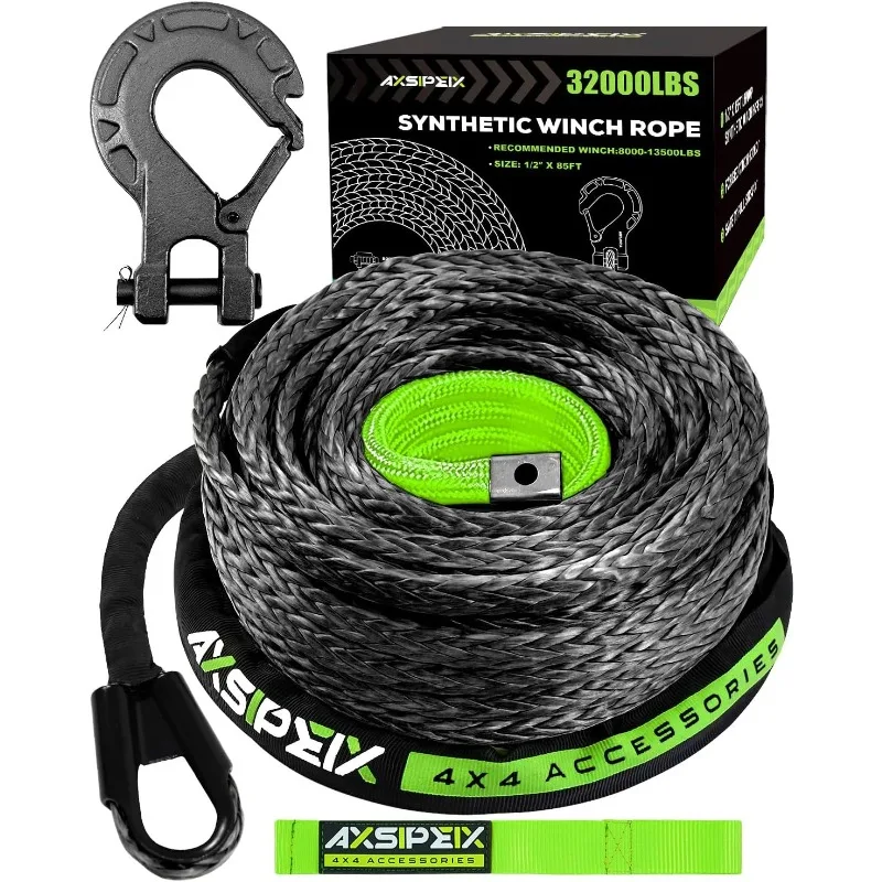 Synthetic Winch Rope Kit, 1/2" x 85ft 32000LBS Black Winch Cable with Protective Sleeve, Forged Winch Hook and Safety Pull Strap
Synthetic Winch Rope Kit, 1/2" x 85ft 32000LBS Black Winch Cable with Protective Sleeve, Forged Winch Hook and Safety Pull Strap