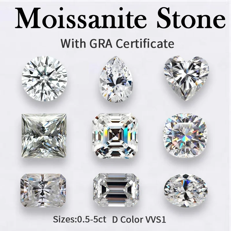 Moissanite Stone D Color 0.5-5ct GRA Certificate Round/Emerald/Radiant/Heart/Asscher/Princess/Oval/Pear/Marquise Various Cutting
Moissanite Stone D Color 0.5-5ct GRA Certificate Round/Emerald/Radiant/Heart/Asscher/Princess/Oval/Pear/Marquise Various Cutting