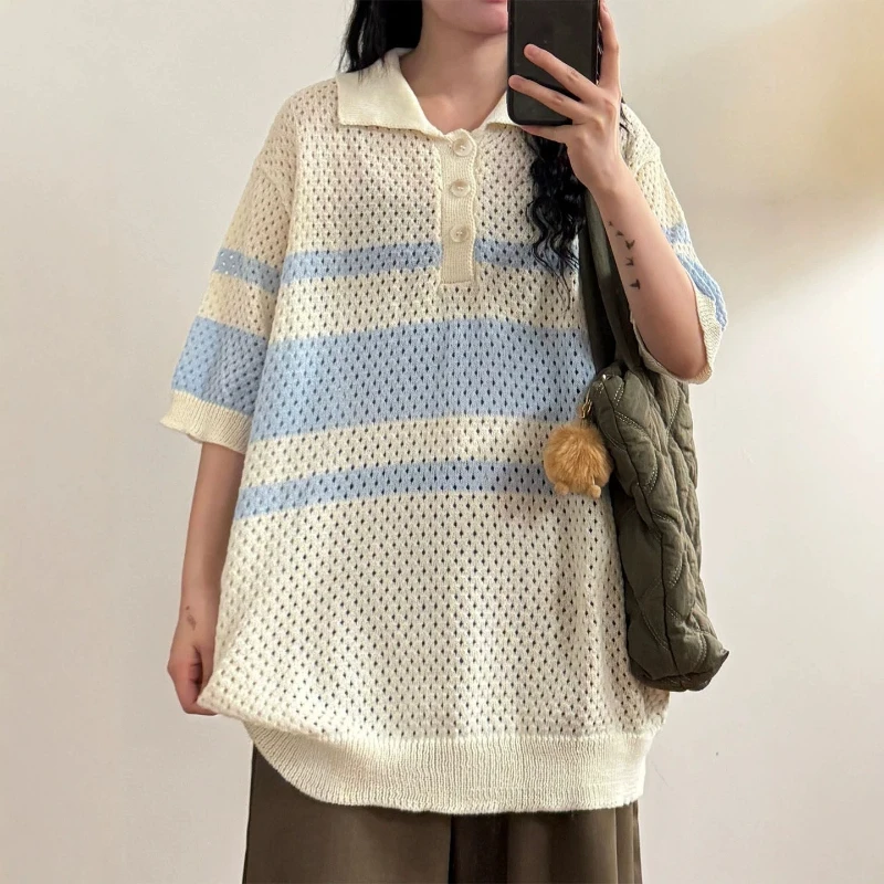 2026 Summer New Loose Hollow Striped Polo High-end Breathable Casual T-shirt for Women
2026 Summer New Loose Hollow Striped Polo High-end Breathable Casual T-shirt for Women