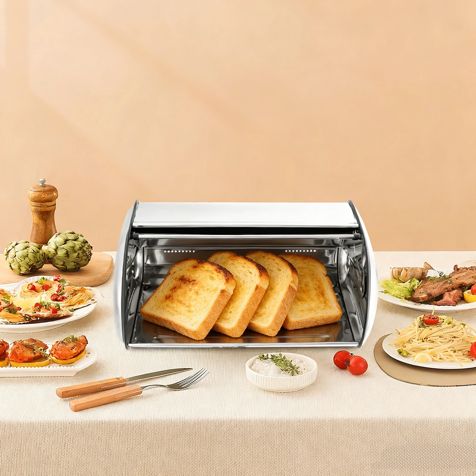 Silver Stainless Steel Bread Box 43.5*27*18cm Large Capacity Bread Storage Bin with Lid Tabletop Multi-role Pastries Container Kitchen Storage Organizer
Silver Stainless Steel Bread Box 43.5*27*18cm Large Capacity Bread Storage Bin with Lid Tabletop Multi-role Pastries Container Kitchen Storage Organizer