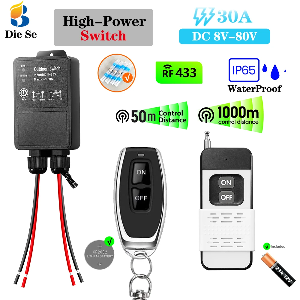 DC 12V 24V 30A RF High Power WaterProof Switch 433MHz Wireless Remote Control Switch Transmit 1000M for Water Pump LED Fan
DC 12V 24V 30A RF High Power WaterProof Switch 433MHz Wireless Remote Control Switch Transmit 1000M for Water Pump LED Fan