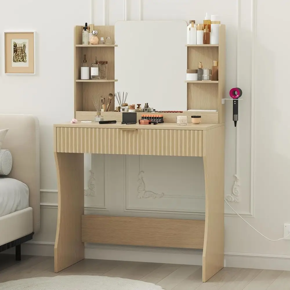 Compact Natural Wood Vanity Set with Mirror, Power Outlet, and Storage for Makeup Desk or Charging Station in Bedroom
Compact Natural Wood Vanity Set with Mirror, Power Outlet, and Storage for Makeup Desk or Charging Station in Bedroom