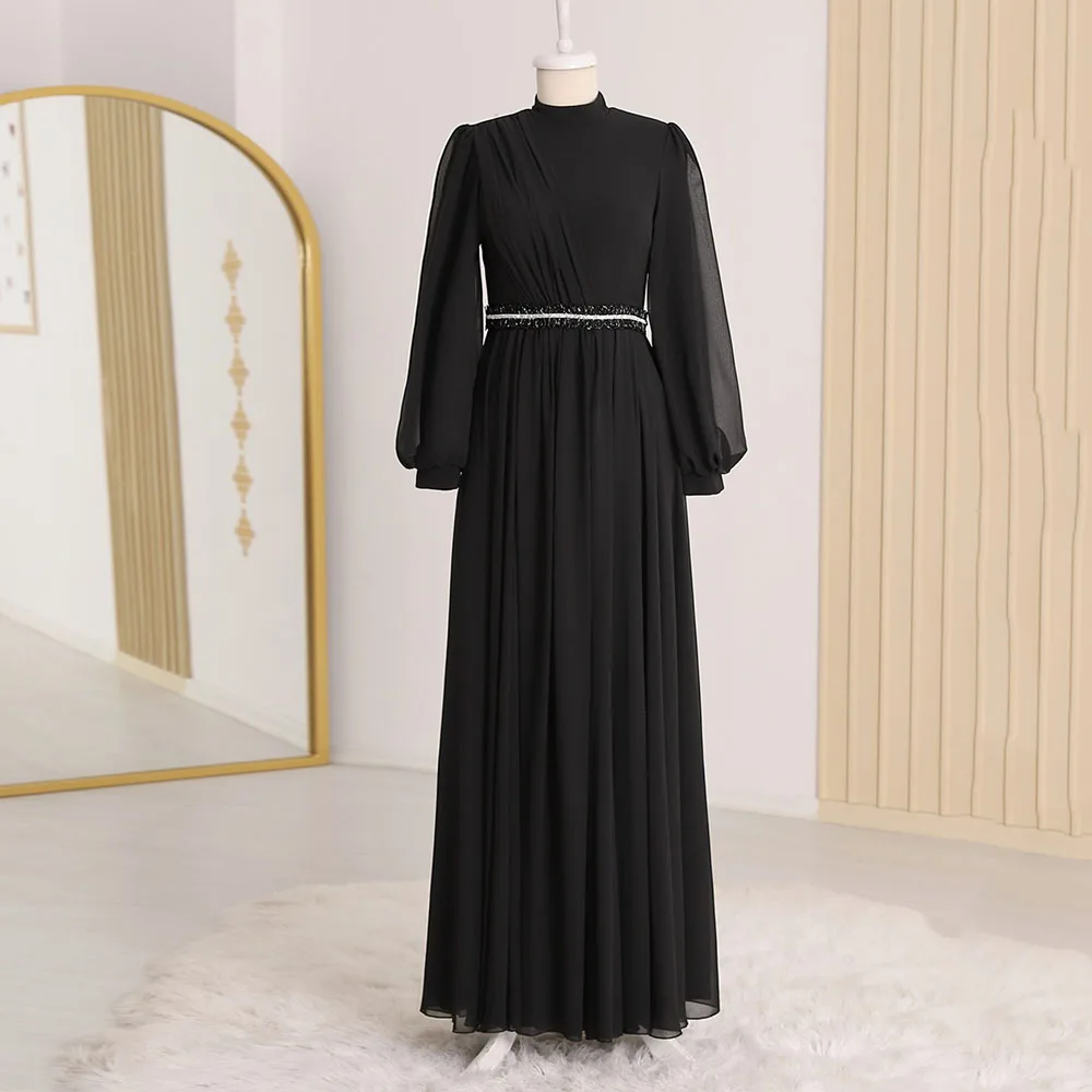 Black Evening Dresses For Women High Neck Full Sleeves Zipper Prom Gowns Belt Chiffon A-Line Floor Length Robes De Soirée
Black Evening Dresses For Women High Neck Full Sleeves Zipper Prom Gowns Belt Chiffon A-Line Floor Length Robes De Soirée