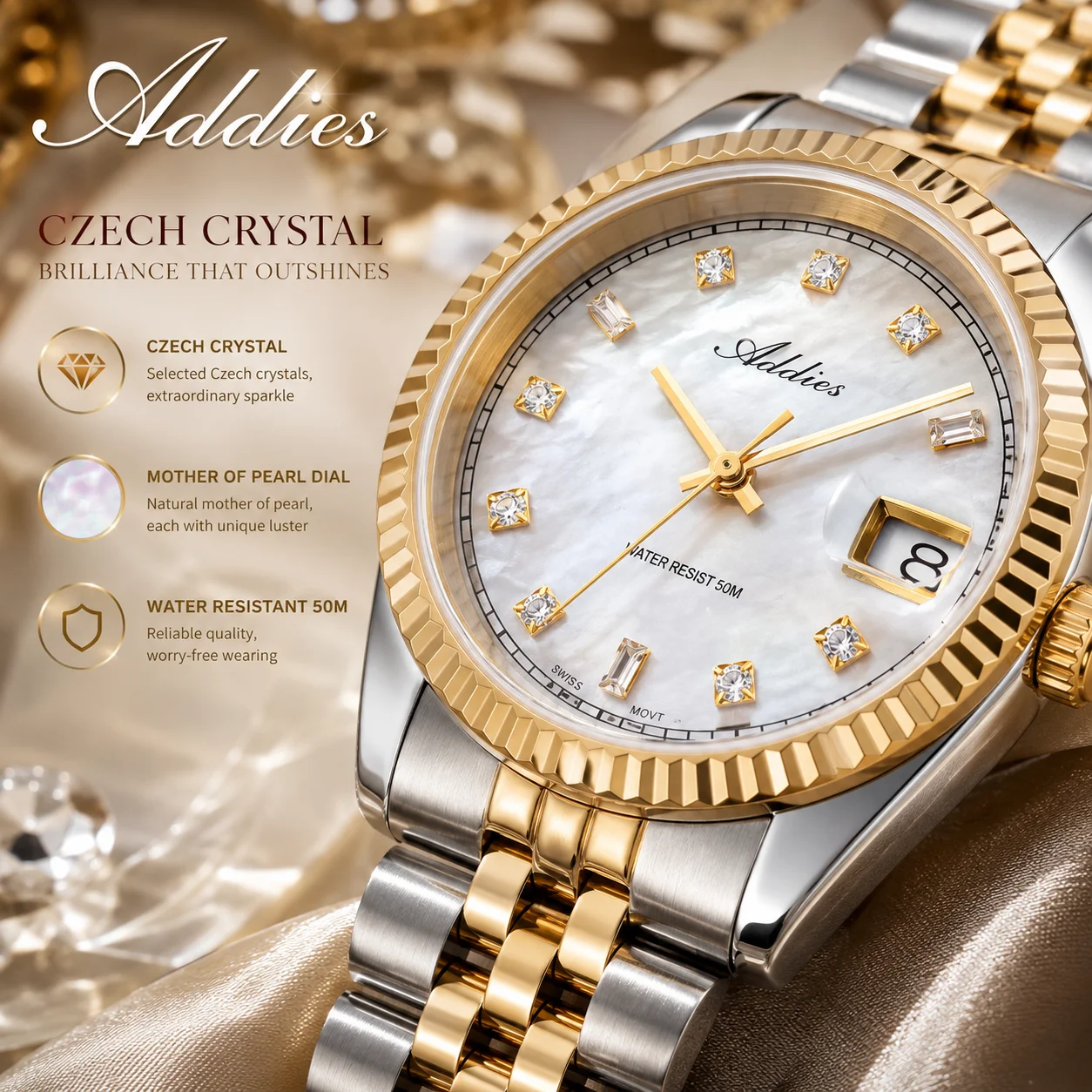 Addies Swiss Ronda 585 Date Display Mother of Pearl Dial Quartz Couple's Watches Czech rhinestones Sapphire Glass Wristwatches
Addies Swiss Ronda 585 Date Display Mother of Pearl Dial Quartz Couple's Watches Czech rhinestones Sapphire Glass Wristwatches