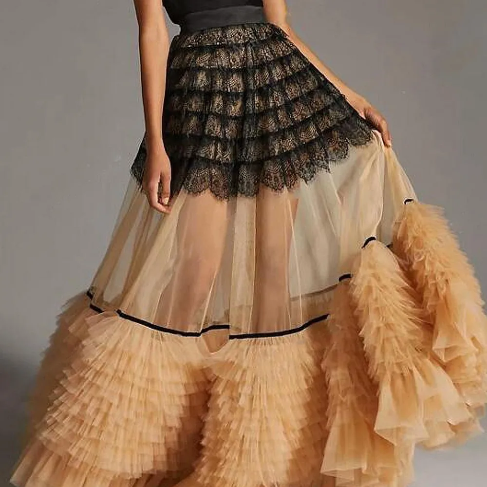 See Through Tiered Tulle Skirts For Women Lace And Tulle Maxi Birthday Skirts High Waist Mixed Color Formal Party Skirts
See Through Tiered Tulle Skirts For Women Lace And Tulle Maxi Birthday Skirts High Waist Mixed Color Formal Party Skirts