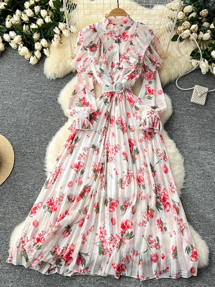 Spring Autumn French Printed Chiffon Dress for Women with Ruffle Edge Splicing Waist Cinching Elegant Pleated Long Dress C112
Spring Autumn French Printed Chiffon Dress for Women with Ruffle Edge Splicing Waist Cinching Elegant Pleated Long Dress C112
