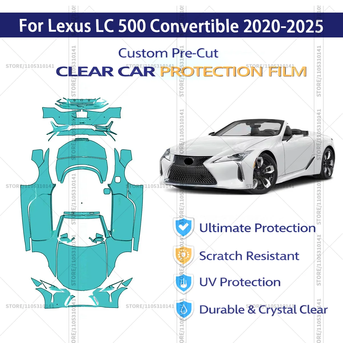 Для Lexus LC 500 Convertible 2020-2025: Предварительно вырезанная прозрачная защитная пленка (PPF) для автомобиля, полный комплект для всего кузова
Для Lexus LC 500 Convertible 2020-2025: Предварительно вырезанная прозрачная защитная пленка (PPF) для автомобиля, полный комплект для всего кузова