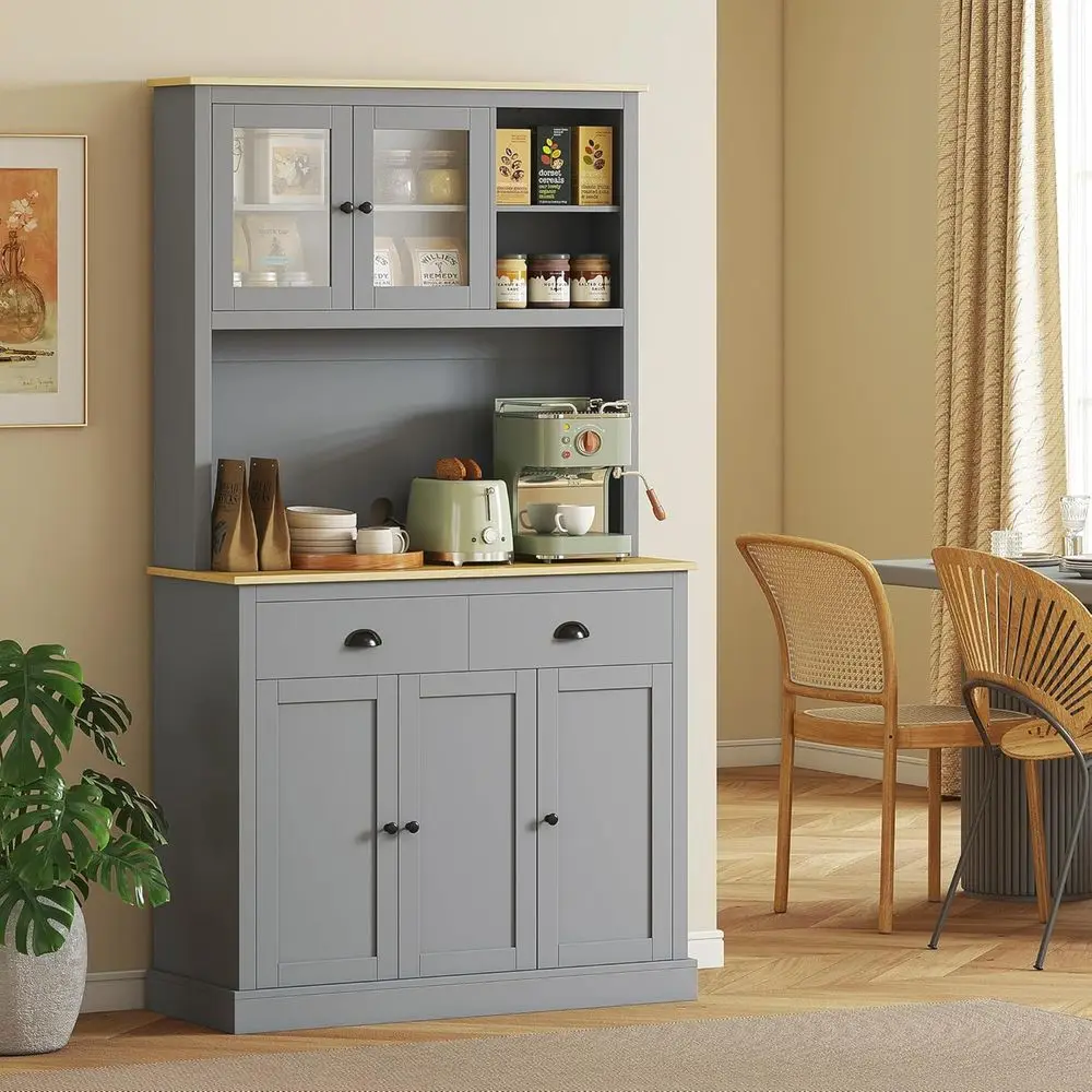 Gray 71 Kitchen Pantry Cabinet with Microwave Stand, Open Countertop, Glass Doors, Adjustable Shelves for Dining and Coffee Bar
Gray 71 Kitchen Pantry Cabinet with Microwave Stand, Open Countertop, Glass Doors, Adjustable Shelves for Dining and Coffee Bar