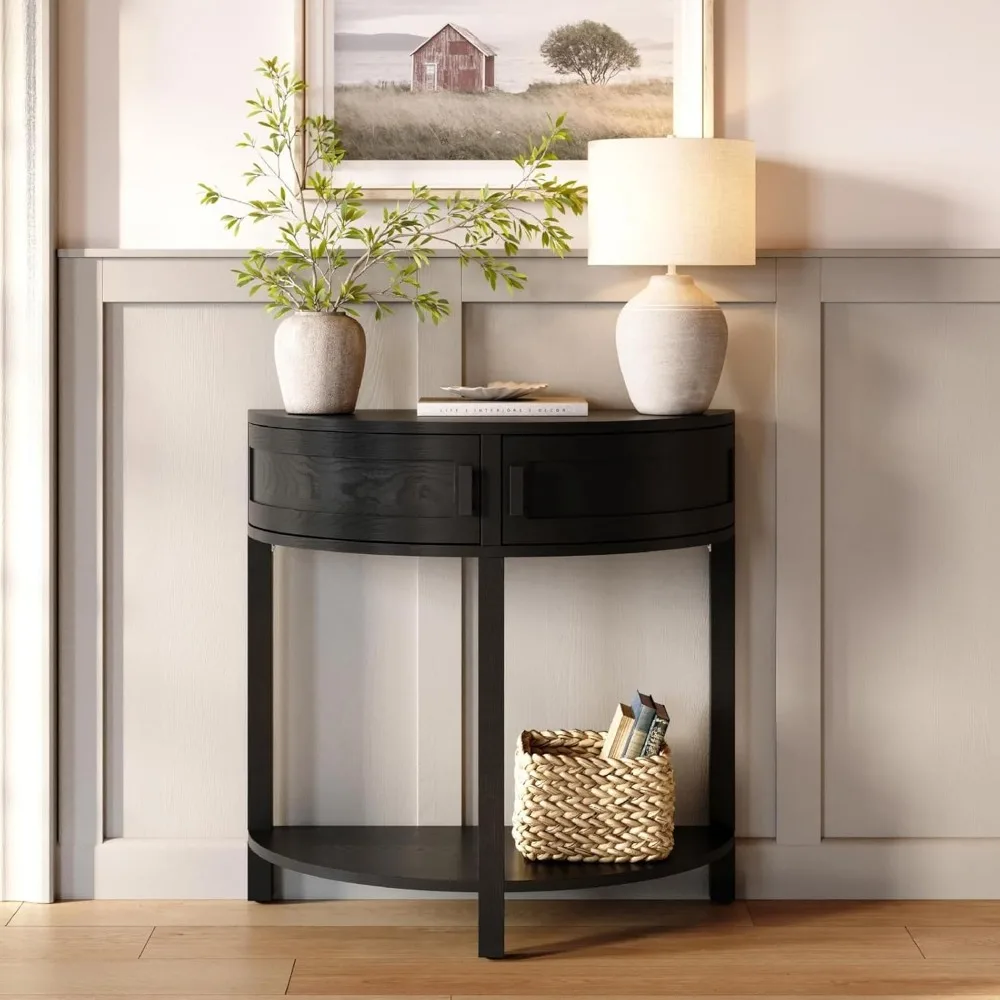 Farmhouse Half Moon Console Table - Blackened Oak Rustic Wood - Narrow Console Table with Storage & Black Knobs - Hallway, Entry
Farmhouse Half Moon Console Table - Blackened Oak Rustic Wood - Narrow Console Table with Storage & Black Knobs - Hallway, Entry