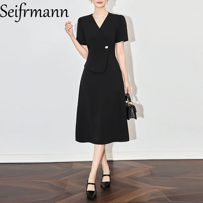 Seifrmann Women's Elegant Commuter Dress V-Neck Short-Sleeved Single Button Slim Solid Dresses Spring Summer 2025 New
Seifrmann Women's Elegant Commuter Dress V-Neck Short-Sleeved Single Button Slim Solid Dresses Spring Summer 2025 New