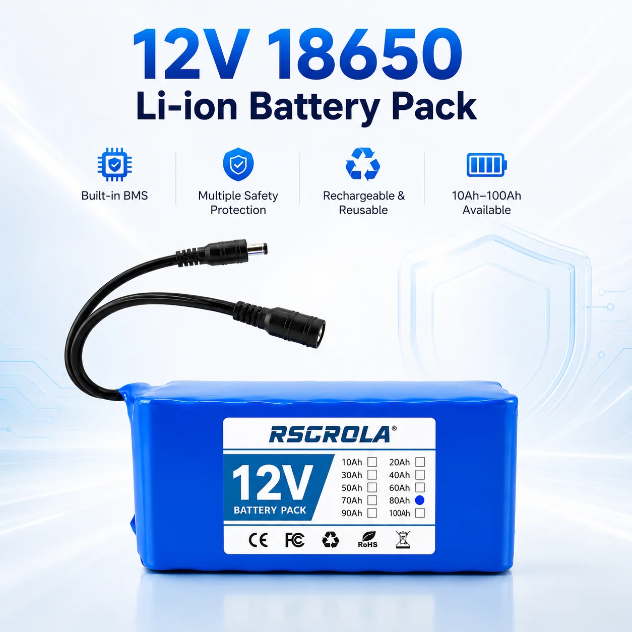 12V 10Ah-100Ah 18650 Li-ion Battery Pack Built-in BMS + Free Charger Deep Cycle Replace Lead Acid for Solar LED RC Power Supply
12V 10Ah-100Ah 18650 Li-ion Battery Pack Built-in BMS + Free Charger Deep Cycle Replace Lead Acid for Solar LED RC Power Supply