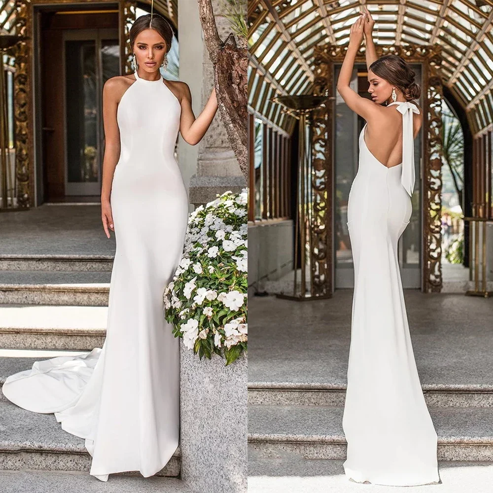 Simple Crepe Halter Mermaid Wedding Dresses 2023 Bridal Backless Sleeveless Elegant Sweep Train Wedding Gown Custom Made
Simple Crepe Halter Mermaid Wedding Dresses 2023 Bridal Backless Sleeveless Elegant Sweep Train Wedding Gown Custom Made
