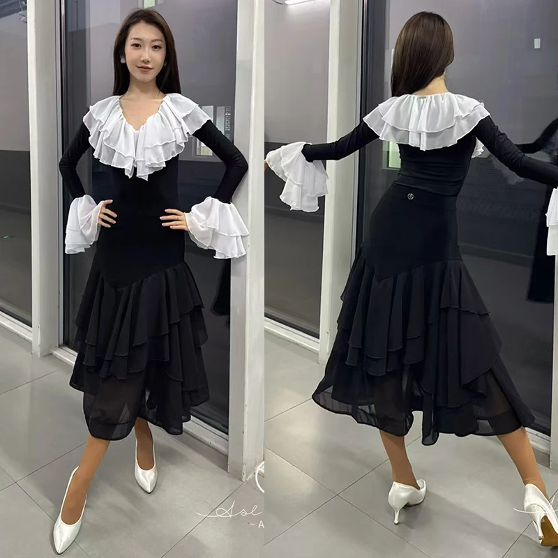 New Ballroom Dance Clothes Women Ruffles Long Sleeves Tops Black Skirt Practice Performance Costume Competition Dress BL14296
New Ballroom Dance Clothes Women Ruffles Long Sleeves Tops Black Skirt Practice Performance Costume Competition Dress BL14296