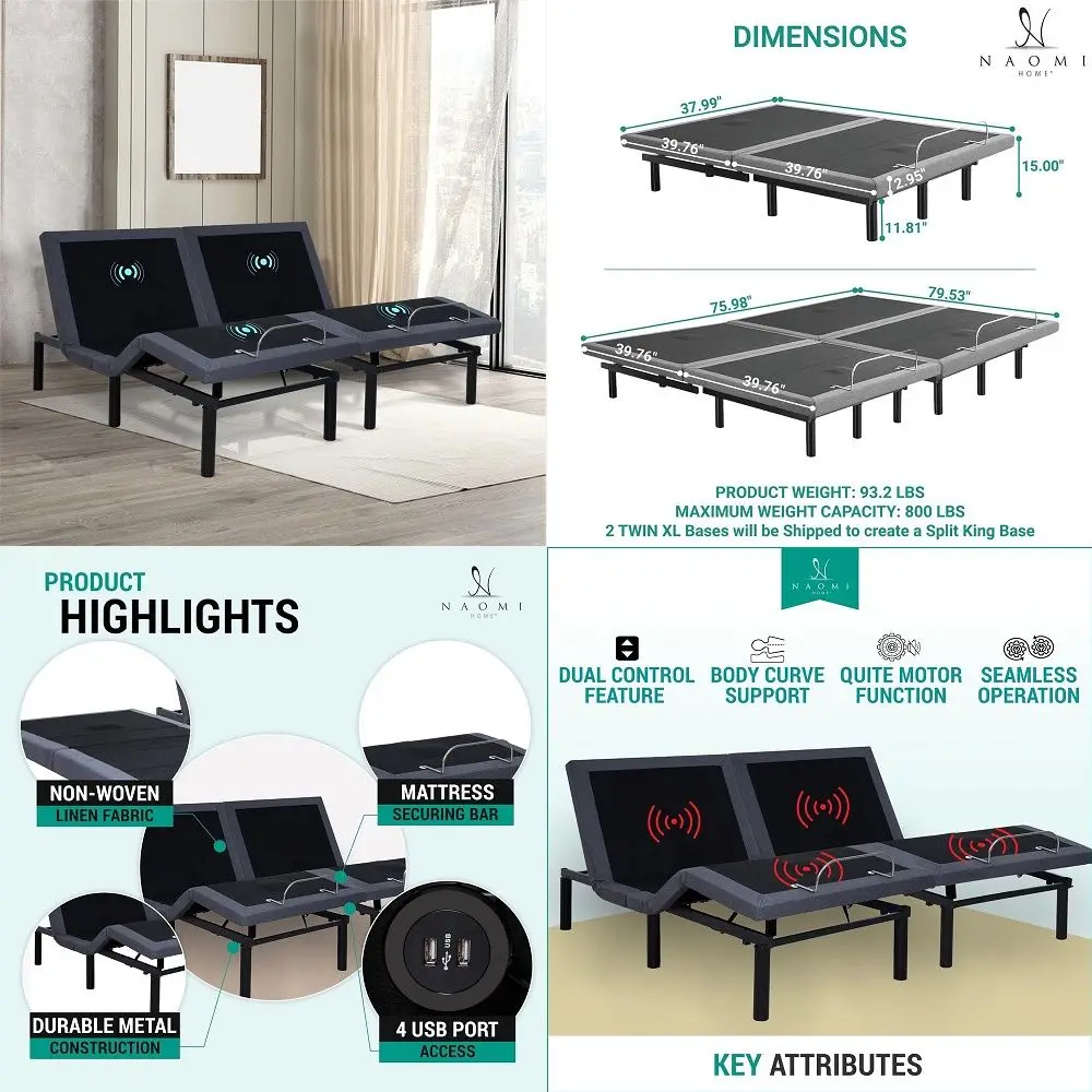 Home Idealbase Split King Adjustable Bed Frame with Lumbar Support Head Tilt Foot Incline Back Leg Massage USB Ports Massage Be
Home Idealbase Split King Adjustable Bed Frame with Lumbar Support Head Tilt Foot Incline Back Leg Massage USB Ports Massage Be