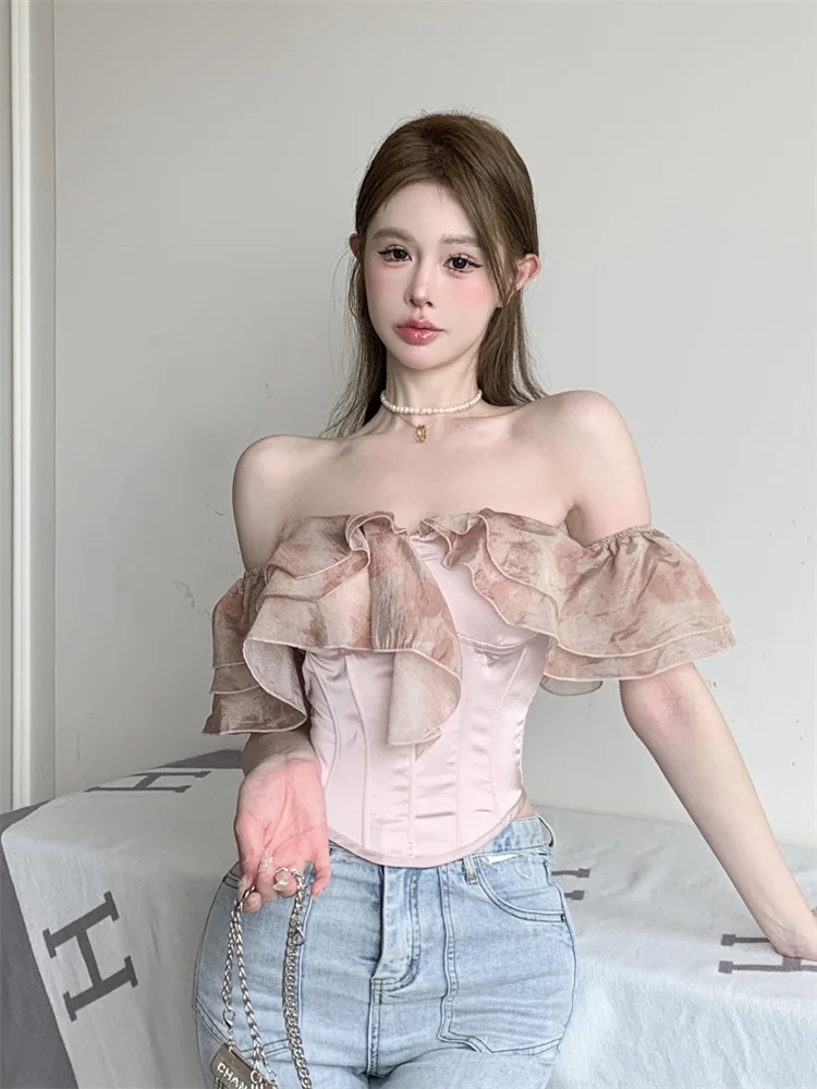 Niche French Irregular Short Fish Bone Waist Top Summer Pink Ruffled Off Shoulder Short Sleeved Shirt for Women Corset Blouse
Niche French Irregular Short Fish Bone Waist Top Summer Pink Ruffled Off Shoulder Short Sleeved Shirt for Women Corset Blouse