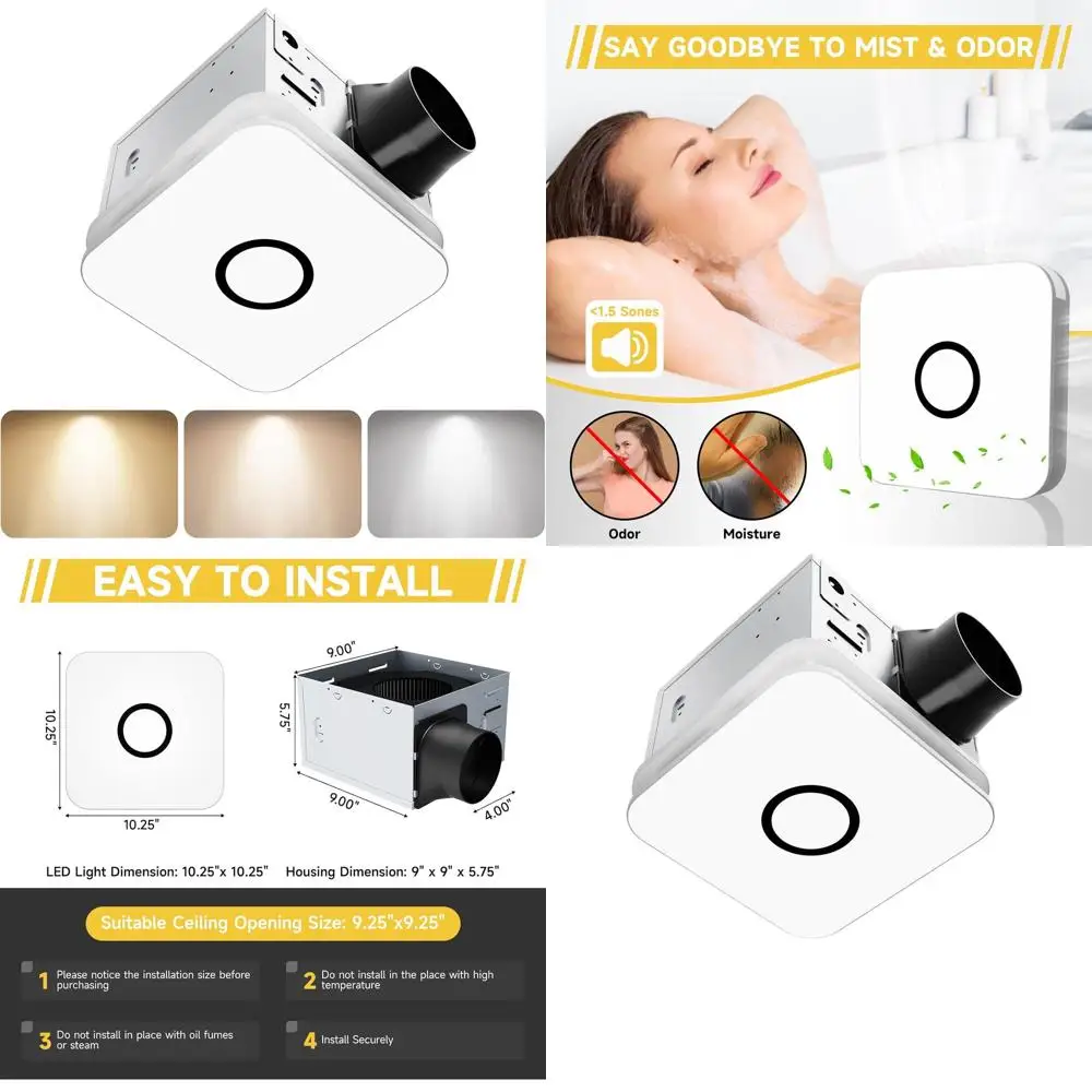 Dual-Function Bathroom Exhaust Fan with Adjustable LED Light - 32W, 130cm, 1.5 Sones, 1200 Lumens, 3000K-5000K, Easy Install for
Dual-Function Bathroom Exhaust Fan with Adjustable LED Light - 32W, 130cm, 1.5 Sones, 1200 Lumens, 3000K-5000K, Easy Install for