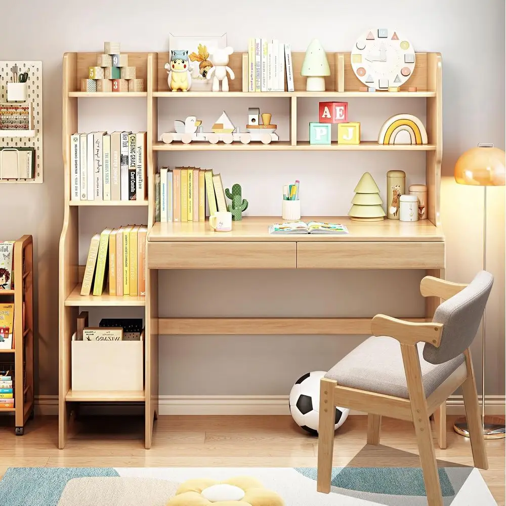 Natural Wood Kids Desk and Table Set with Storage, Bookshelf, and Chair for Learning and Computer Work
Natural Wood Kids Desk and Table Set with Storage, Bookshelf, and Chair for Learning and Computer Work