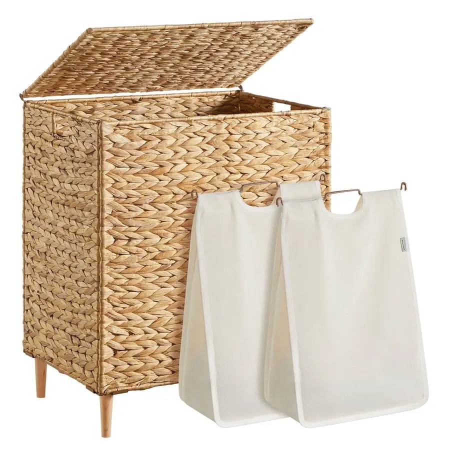 Laundry Hamper 2 Sections, 34.3 Gal. 130 L Handwoven Water Hyacinth Wicker Laundry Basket with Lid, Natural Material, Removable
Laundry Hamper 2 Sections, 34.3 Gal. 130 L Handwoven Water Hyacinth Wicker Laundry Basket with Lid, Natural Material, Removable