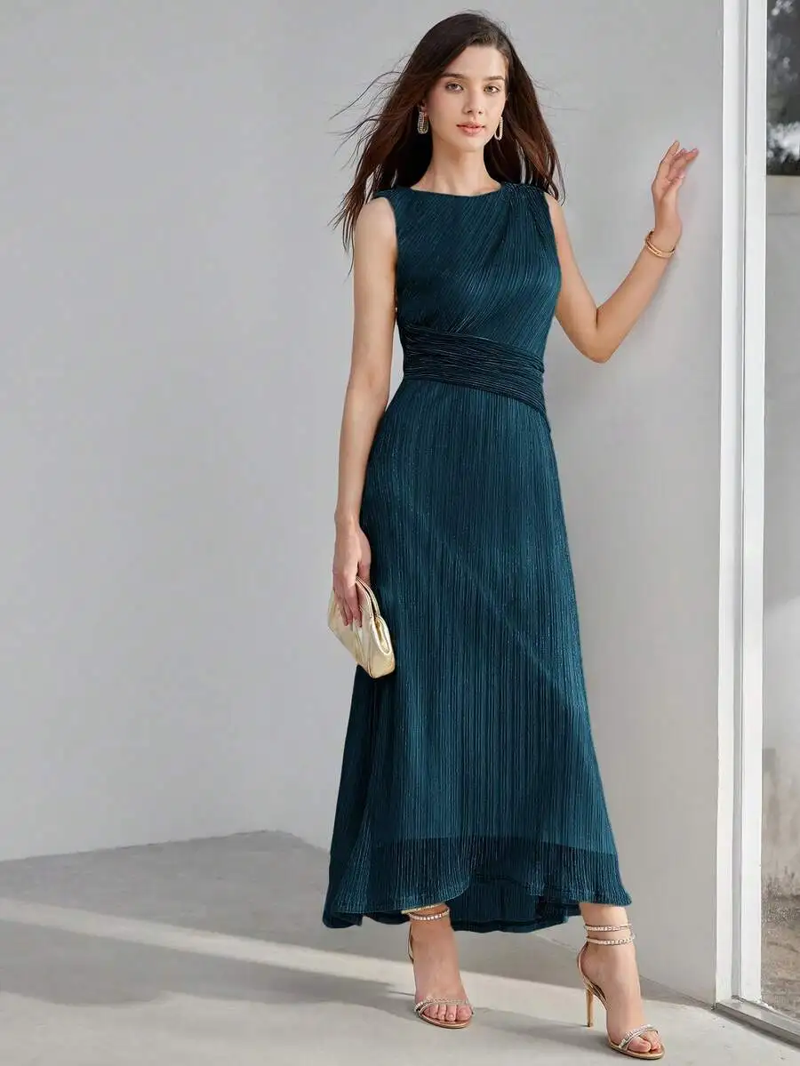 Teal Sleeveless Floor-Length Dress With Vertical Pleats, Wrap Waist, And Asymmetrical Bias Drape Detail
Teal Sleeveless Floor-Length Dress With Vertical Pleats, Wrap Waist, And Asymmetrical Bias Drape Detail
