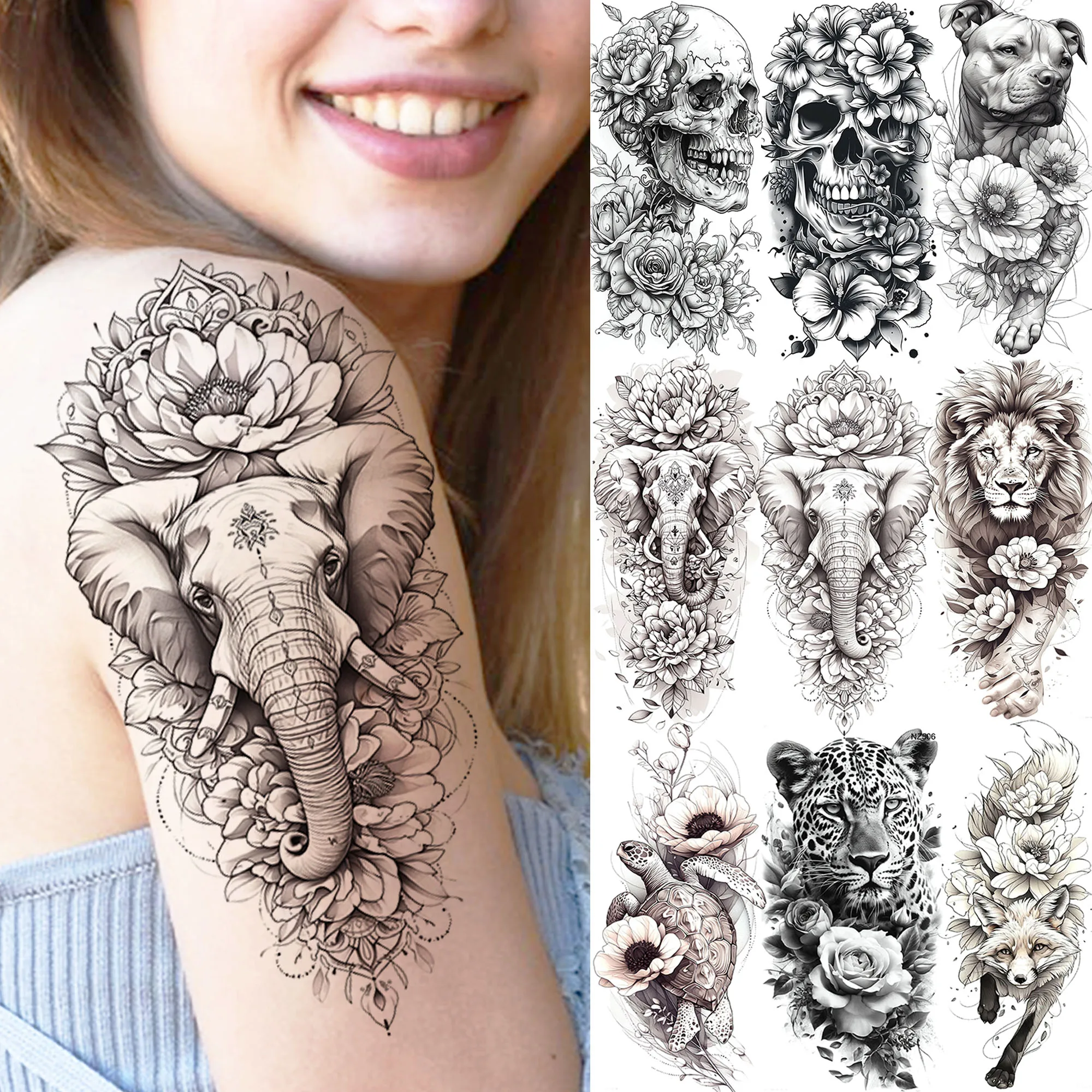 1 Sheet Beautiful Elephant With Flowers Temporary Tattoos For Women Waterproof Skull Animal Tatoos Realistic Fake Tattoo Sticker
1 Sheet Beautiful Elephant With Flowers Temporary Tattoos For Women Waterproof Skull Animal Tatoos Realistic Fake Tattoo Sticker