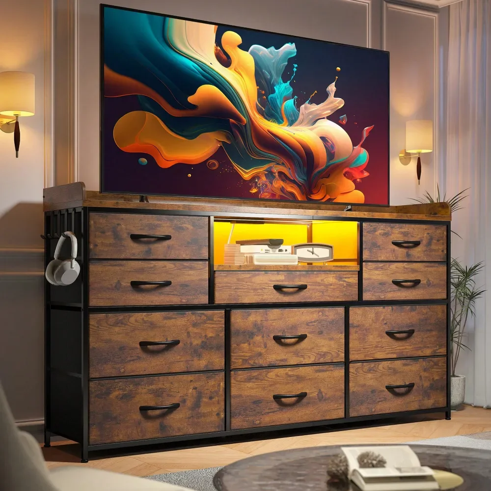 Dresser For Bedroom With 11 Drawers 60 TV Stand With LED Lights Charging Station Long Dresser With Shelves 4 Hooks,Sturdy Metal
Dresser For Bedroom With 11 Drawers 60 TV Stand With LED Lights Charging Station Long Dresser With Shelves 4 Hooks,Sturdy Metal