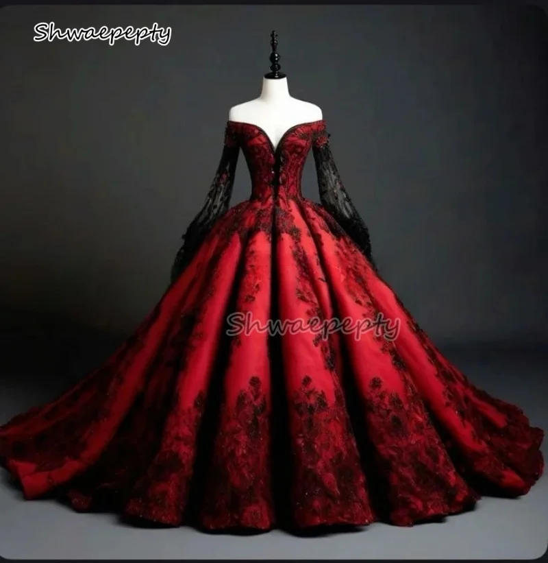 Red And Black Wedding Dress Off Shoulder Long Sleeves Vintage Gothic Bridal Gown Pleats Corset Lace-Up Vestido Customized
Red And Black Wedding Dress Off Shoulder Long Sleeves Vintage Gothic Bridal Gown Pleats Corset Lace-Up Vestido Customized