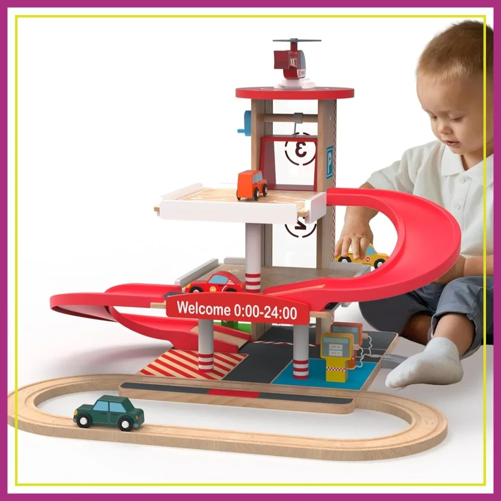Toy Car Garage with Rails, Wooden Parking Playset w/Elevator, Race Ramp Track with 4 Mini Cars for Ages 3+
Toy Car Garage with Rails, Wooden Parking Playset w/Elevator, Race Ramp Track with 4 Mini Cars for Ages 3+
