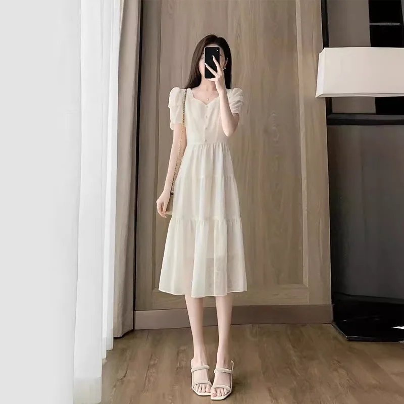 French Style White Chiffon Dress Women Summer New Waist Cinching Belly Covering Dress Short Sleeve Square Collar Knee Length
French Style White Chiffon Dress Women Summer New Waist Cinching Belly Covering Dress Short Sleeve Square Collar Knee Length