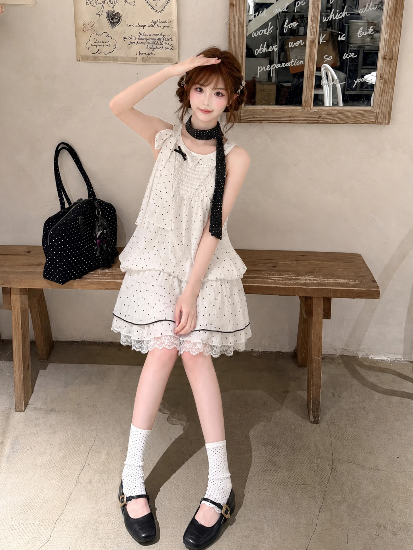 Sweet Style Lace Splicing Design Summer White Polka Dot Sleeveless Hanging Neck Dress Women's New Style High Waist A-Line Dress
Sweet Style Lace Splicing Design Summer White Polka Dot Sleeveless Hanging Neck Dress Women's New Style High Waist A-Line Dress