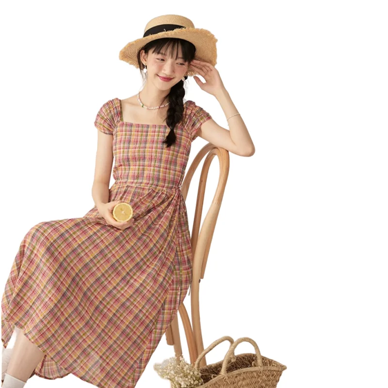 French Vintage Elegant Rainbow Plaid Short Sleeve Dresses 2024 Summer High Waist Lace up Slash neck Slimming Long Dress Vestidos
French Vintage Elegant Rainbow Plaid Short Sleeve Dresses 2024 Summer High Waist Lace up Slash neck Slimming Long Dress Vestidos