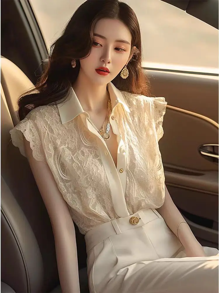 French Elegant Blouses Solid Color Turn Down Collar Sleeveless Lace Summer Shirts All Match Design Fashion Women Clothing 2024
French Elegant Blouses Solid Color Turn Down Collar Sleeveless Lace Summer Shirts All Match Design Fashion Women Clothing 2024