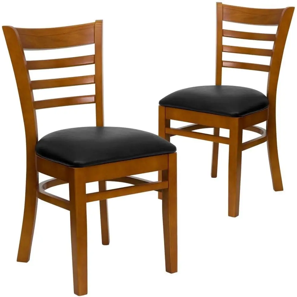Set of 2 Ladder Back Cherry Chairs with Black Vinyl Seats
Set of 2 Ladder Back Cherry Chairs with Black Vinyl Seats