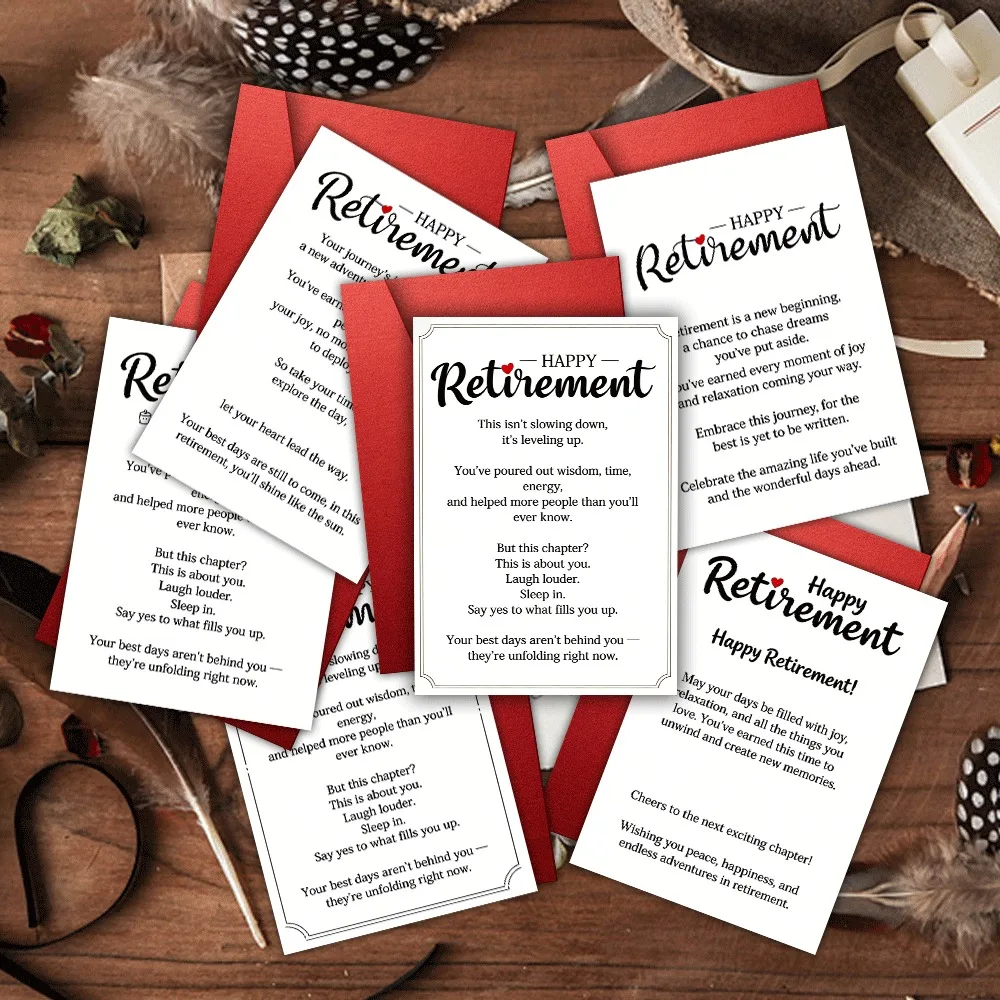 12Sets (6 cards + 6 red envelopes) 6 retirement-themed greeting cards with red envelopes, gifts for colleagues and teachers to l
12Sets (6 cards + 6 red envelopes) 6 retirement-themed greeting cards with red envelopes, gifts for colleagues and teachers to l