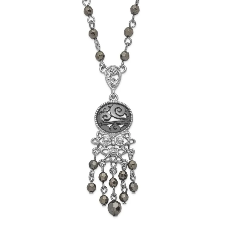 1928 Jewelry Silvertone and Blackplated Filigree Clear and Hematite Faceted Acrylic Beads 16 inch Necklace with 3 inch extensio
1928 Jewelry Silvertone and Blackplated Filigree Clear and Hematite Faceted Acrylic Beads 16 inch Necklace with 3 inch extensio