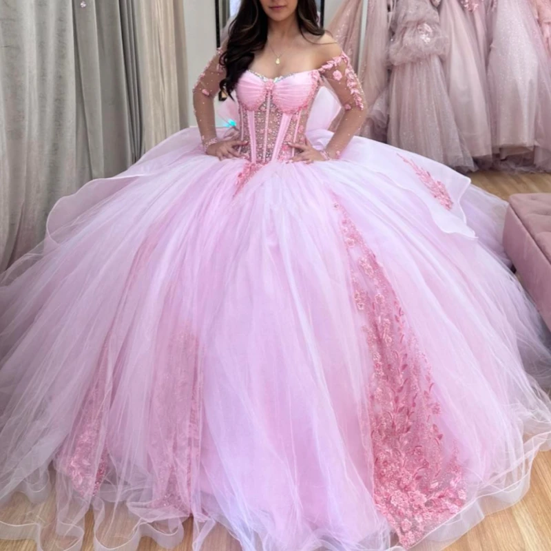 Pink Ball Gown Quinceanera Dresses Off The Shoulder Applique Lace Beads Corset Party Birthday Sweet 16 Dress Vestidos 15 De Anos
Pink Ball Gown Quinceanera Dresses Off The Shoulder Applique Lace Beads Corset Party Birthday Sweet 16 Dress Vestidos 15 De Anos