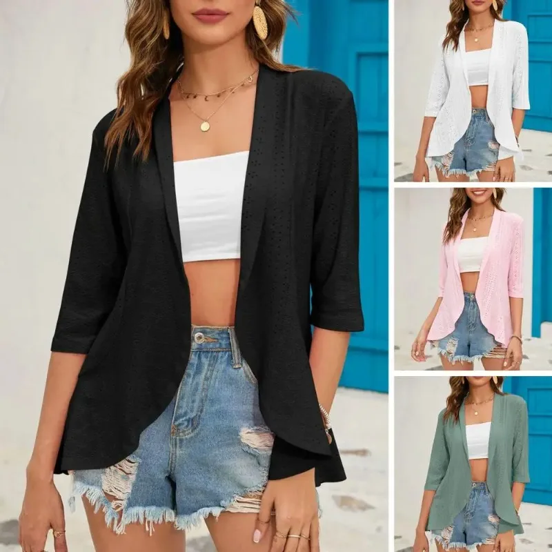 Women Coat Jackets Summer Lapel 3/4 Sleeve Cardigan Coat Solid Color Hollow Out Open Front Coat Draped Ruffle Hem Thin Outerwear
Women Coat Jackets Summer Lapel 3/4 Sleeve Cardigan Coat Solid Color Hollow Out Open Front Coat Draped Ruffle Hem Thin Outerwear