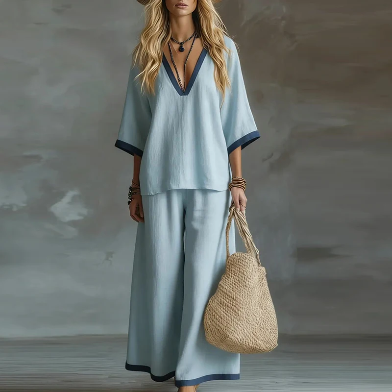 Fashion Cotton Linen Patchwork Color Loose Half Sleeve V Neck Shirt Wide Leg Pants Suit Women Summer Casual Two Piece Set
Fashion Cotton Linen Patchwork Color Loose Half Sleeve V Neck Shirt Wide Leg Pants Suit Women Summer Casual Two Piece Set