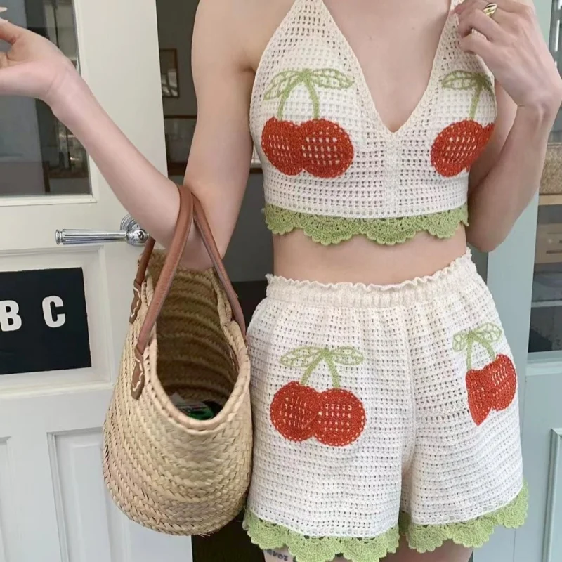 Hollow Crochet Knit 2 Piece Sets Beach Style Boho Cute Cherry Embroidery Crop Top Halter Backless Sexy Slim Fit Elastic Waist
Hollow Crochet Knit 2 Piece Sets Beach Style Boho Cute Cherry Embroidery Crop Top Halter Backless Sexy Slim Fit Elastic Waist