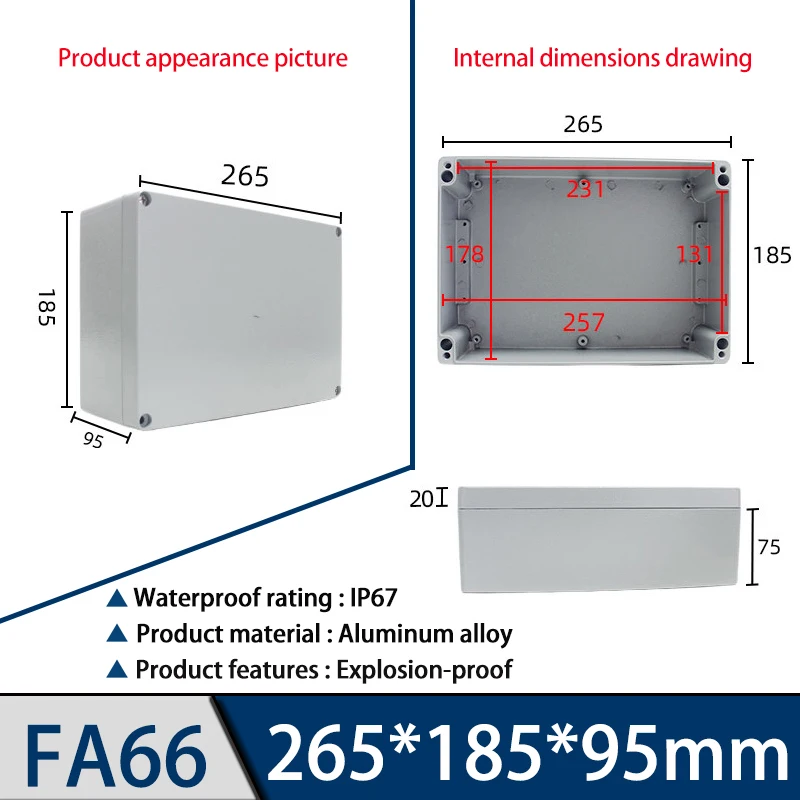 Aluminum cast explosion-proof junction box FA66, 265*185*95mm, outdoor exposed metal waterproof box
Aluminum cast explosion-proof junction box FA66, 265*185*95mm, outdoor exposed metal waterproof box
