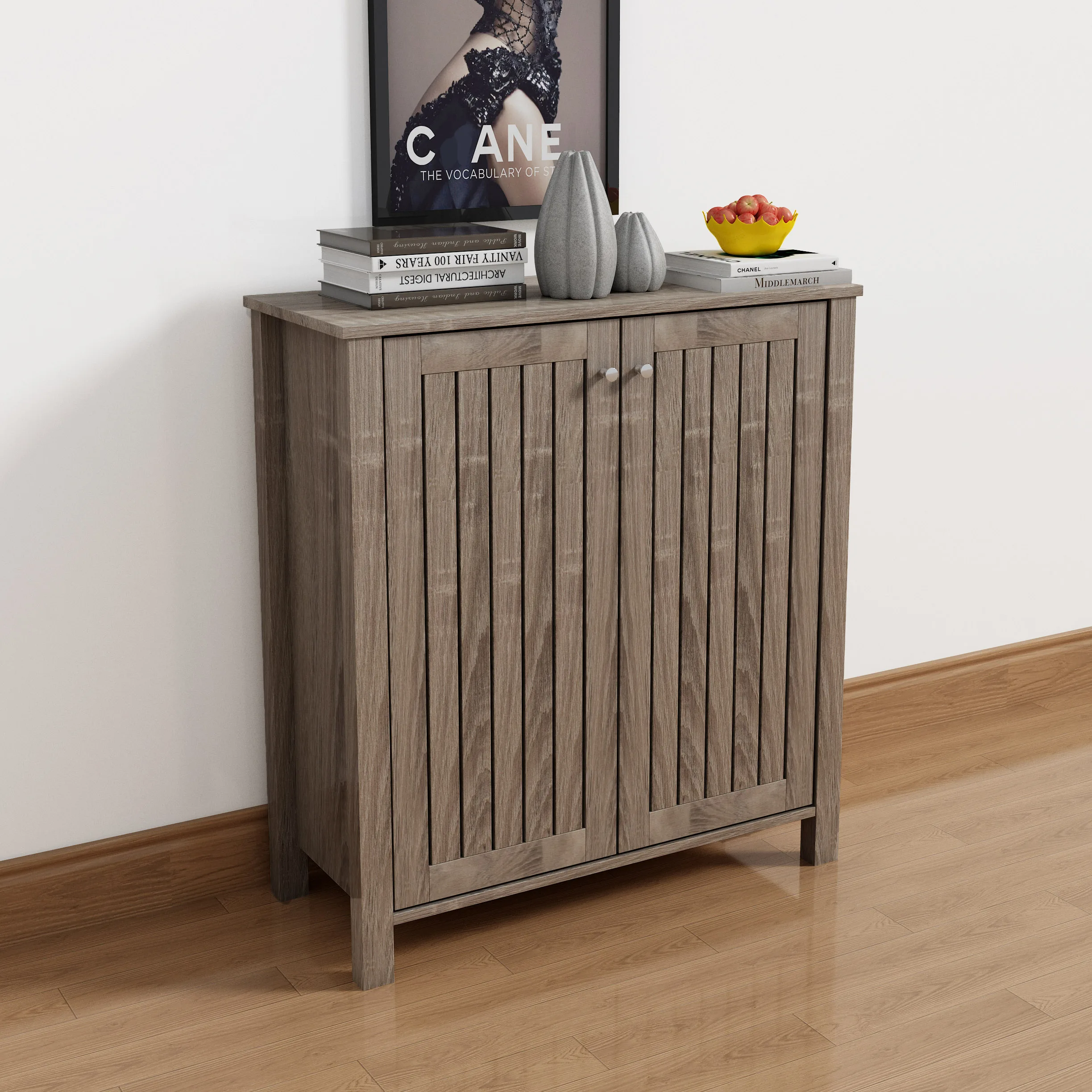 Shoe cabinet storage cabinet entryway cabinet with two doors slat style vented doors metal knob handle four shelves Dark Taupe c
Shoe cabinet storage cabinet entryway cabinet with two doors slat style vented doors metal knob handle four shelves Dark Taupe c