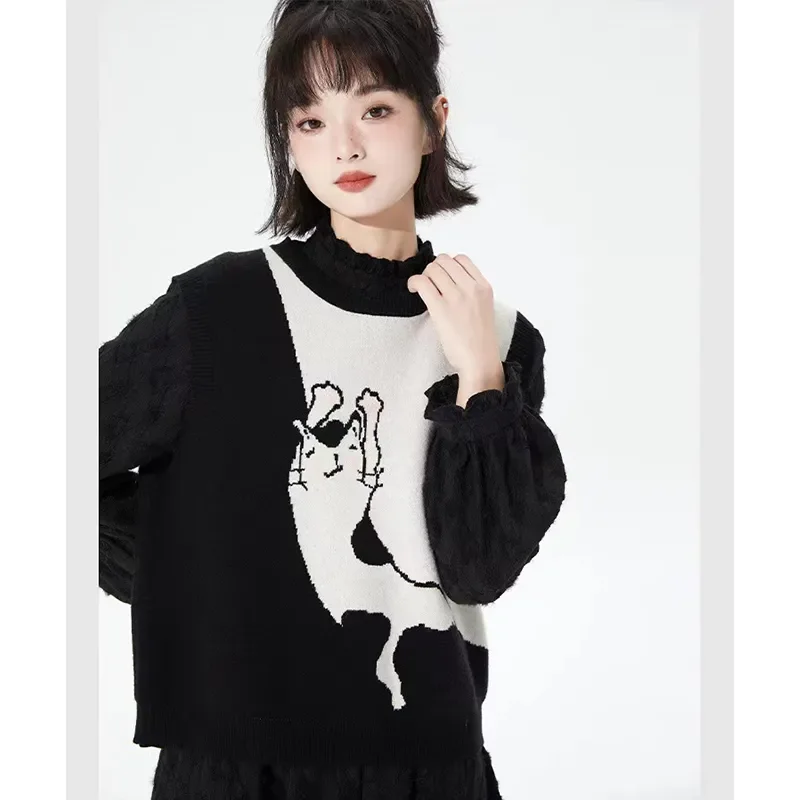 Women Cute Cat Jacquard Black White Color Block Knit Vest Loose Round Neck Sleeveless Layering Waistcoat S-XXL
Women Cute Cat Jacquard Black White Color Block Knit Vest Loose Round Neck Sleeveless Layering Waistcoat S-XXL