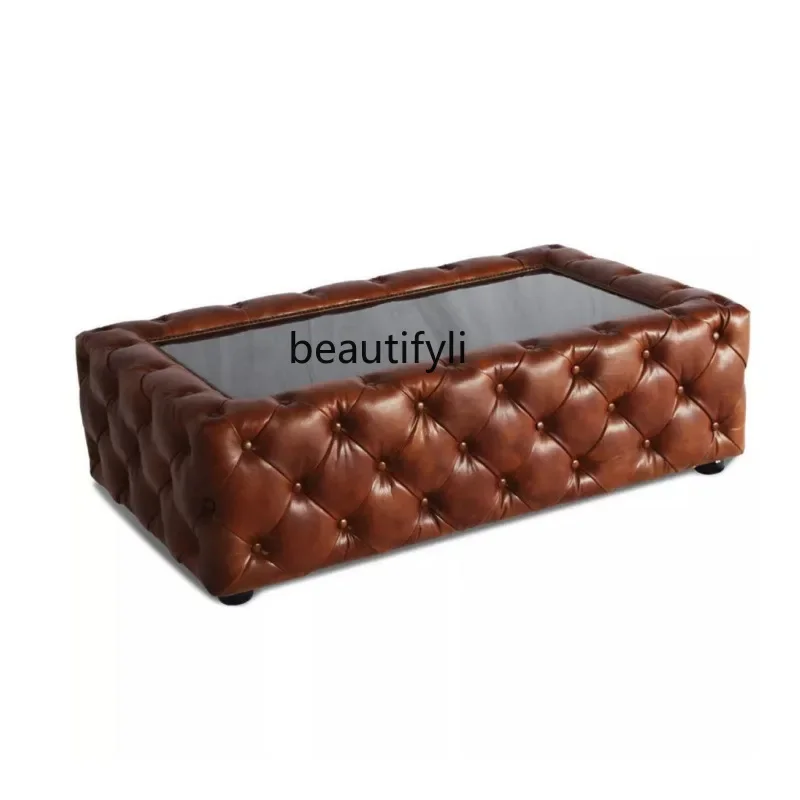 American country retro leather soft bag coffee table, French first layer oil wax leather living room pull button coffee table0
American country retro leather soft bag coffee table, French first layer oil wax leather living room pull button coffee table0