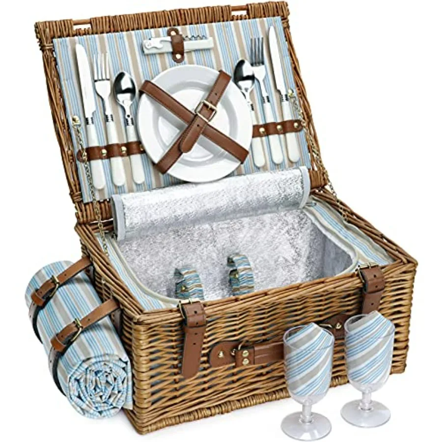 Picnic Basket Set for 2 Persons: Willow Hamper, Classical Brown, Waterproof Blanket Cutlery Kit, Large Insulated Cooler Compart
Picnic Basket Set for 2 Persons: Willow Hamper, Classical Brown, Waterproof Blanket Cutlery Kit, Large Insulated Cooler Compart