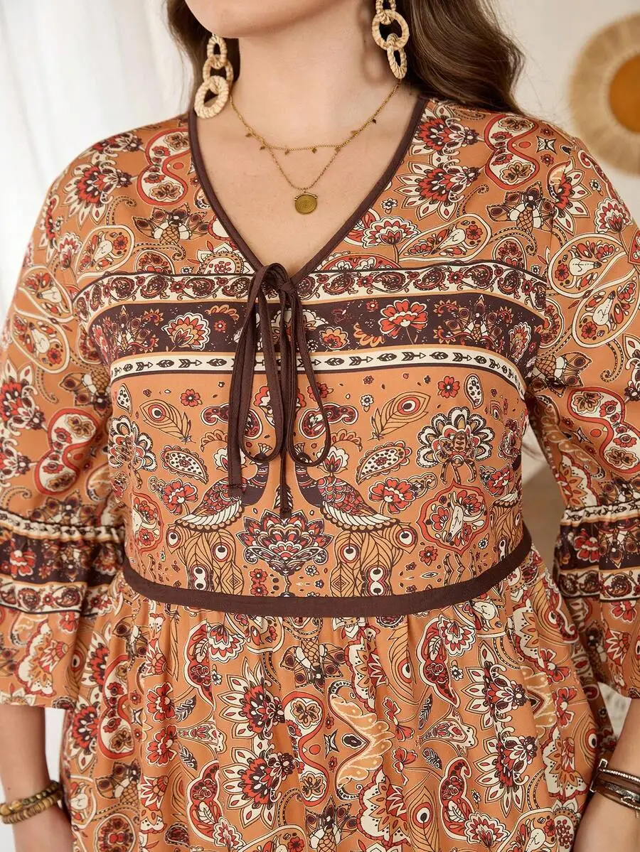 Elegant Casual Bohemian Print A-Line Dress With V-Neck And Tie Detail For Women Spring Summer
Elegant Casual Bohemian Print A-Line Dress With V-Neck And Tie Detail For Women Spring Summer