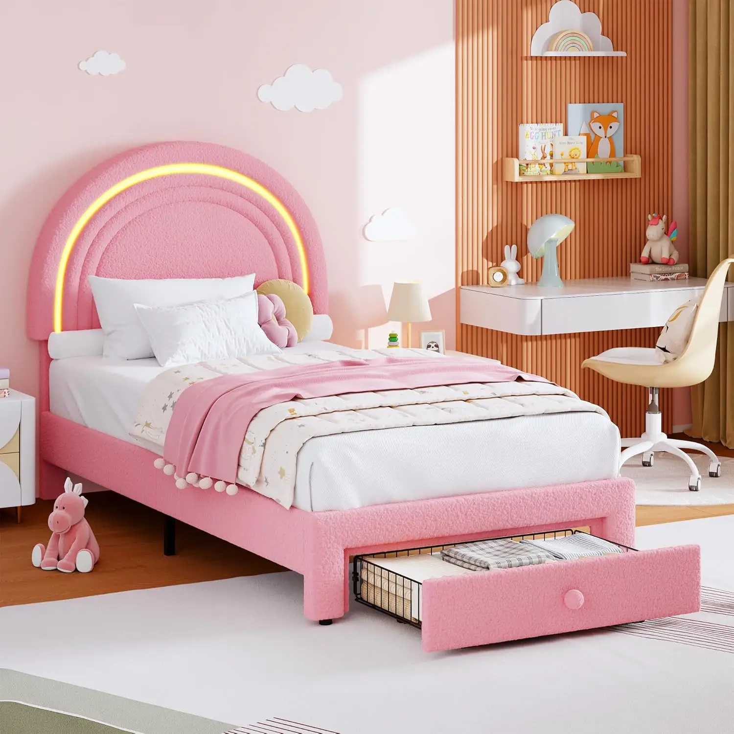 Twin LED Bed Frame with Storage Drawer, Rainbow Headboard, Pink Berber Fleece, No Box Spring Needed
Twin LED Bed Frame with Storage Drawer, Rainbow Headboard, Pink Berber Fleece, No Box Spring Needed