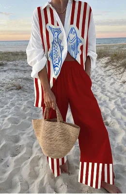 Casual Vacation boho Printed 2 Piece Set Loose Lapel Long Sleeve Button Shirt High Waist Wide Leg Pants Suit Spring New Style
Casual Vacation boho Printed 2 Piece Set Loose Lapel Long Sleeve Button Shirt High Waist Wide Leg Pants Suit Spring New Style