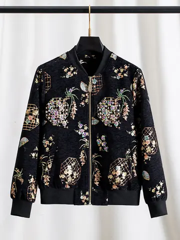 Veste bombardier de luxe en Jacquard noir perlé pour femmes, manteau de Baseball Vintage à col montant, élégant, strass brodés, vêtements d'extérieur