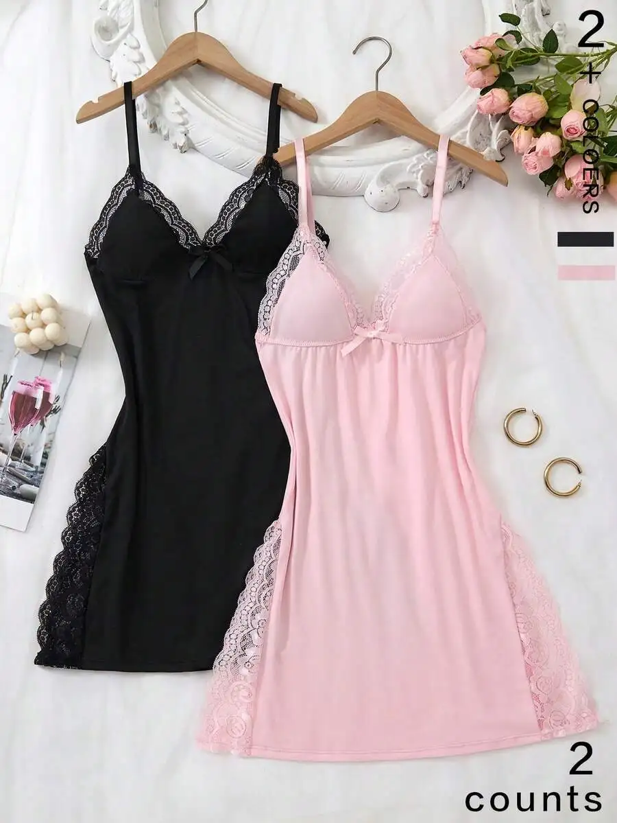 Women Pink Lace Trim Bowknot Sleep Dress Breathable Strap Nightgown With Side Slit
Women Pink Lace Trim Bowknot Sleep Dress Breathable Strap Nightgown With Side Slit