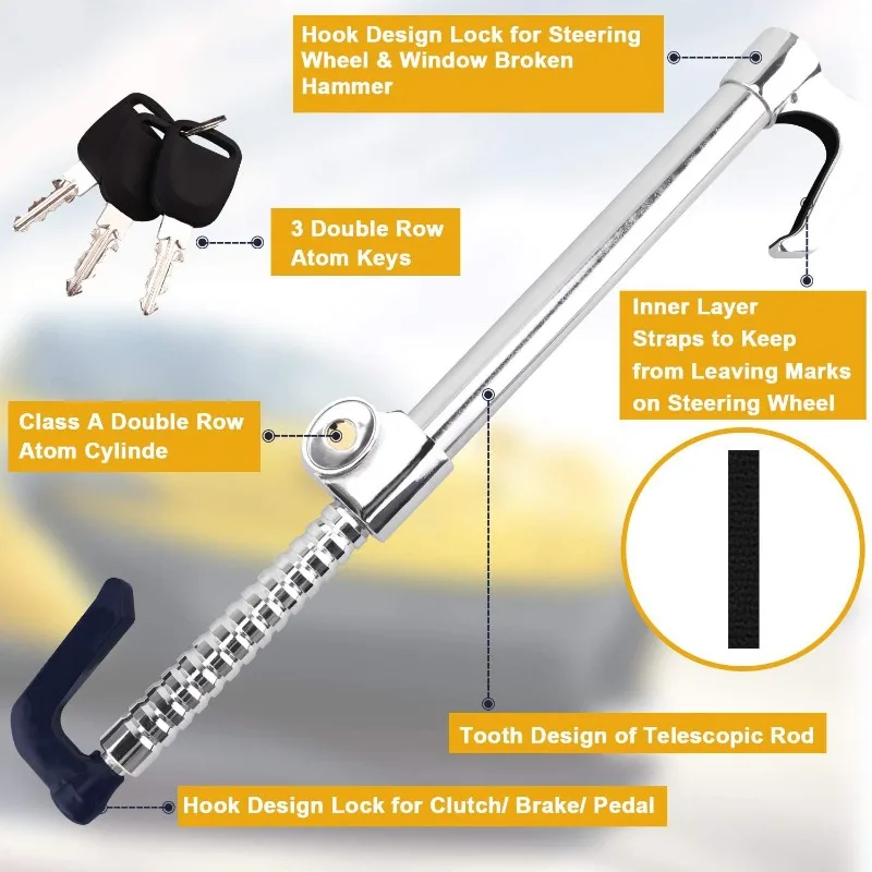 Metal Steering Wheel Brake Lock Anti-Theft Security Pedal Lock Retractable Double Hook Car Clutch Pedal Lock for Car Truck SUV
Metal Steering Wheel Brake Lock Anti-Theft Security Pedal Lock Retractable Double Hook Car Clutch Pedal Lock for Car Truck SUV